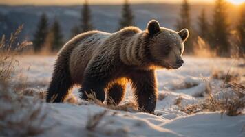A grizzly bear walks through a snowy landscape during sunset, showcasing wildlife in nature. photo