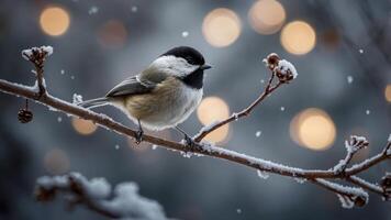 A snowy bird perched on a branch, surrounded by soft glowing lights in a winter setting. photo