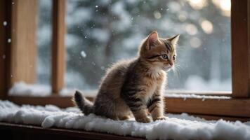 A curious kitten gazes out a snowy window, capturing a serene winter moment. photo