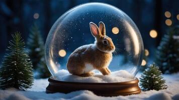 A rabbit inside a snow globe surrounded by snow and pine trees, creating a winter scene. photo