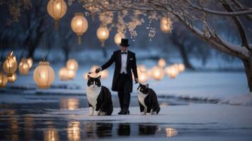 A man in a tuxedo walks two large cats through a snowy landscape adorned with lanterns. photo