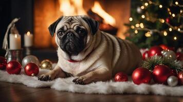 A pug resting by a cozy fireplace adorned with Christmas decorations. photo