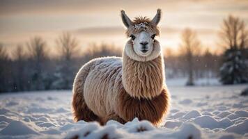 A fluffy llama stands in a snowy landscape during sunset, creating a serene winter scene. photo