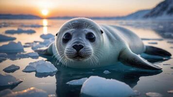 A seal resting on ice in a serene, sunlit arctic landscape. photo