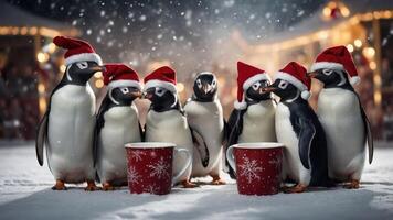 Penguins wearing Santa hats gather around mugs in a snowy setting, celebrating Christmas. photo