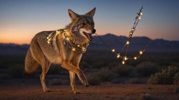 A coyote playfully carries string lights in a desert landscape at sunset. photo