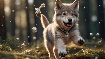 A playful puppy runs joyfully through a forest, surrounded by sparkling decorations. photo