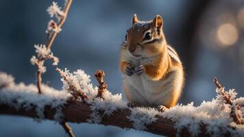 A chipmunk perched on a frosty branch in a serene winter setting. photo