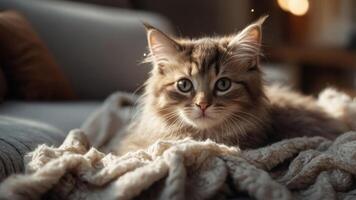 A fluffy cat resting on a cozy blanket in a softly lit room. photo
