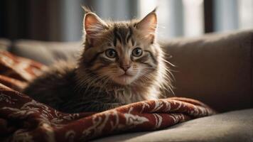 A fluffy cat resting on a cozy blanket in soft, natural light. photo