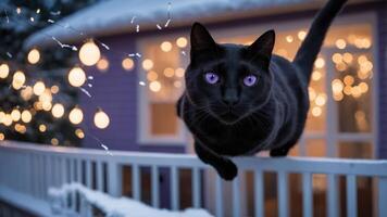 A black cat with purple eyes leaps over a snowy railing adorned with glowing lights. photo