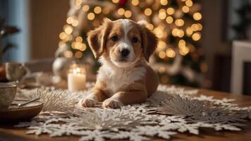 A cute puppy resting on a decorative table with a festive background. photo