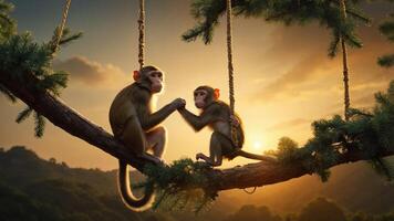 Two monkeys share a tender moment on a branch at sunset, highlighting connection and nature. photo