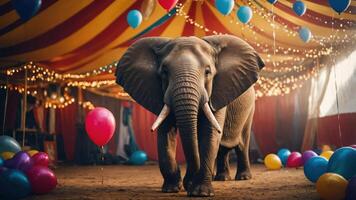 An elephant stands in a festive circus tent, surrounded by colorful balloons and lights. photo