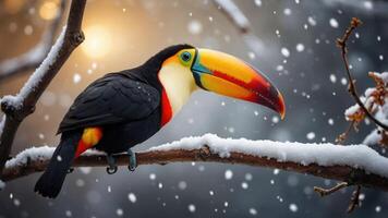 A toucan perched on a snowy branch, creating a striking contrast in a winter scene. photo