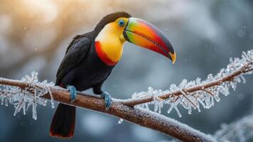 A colorful toucan perched on a frosty branch, showcasing nature's beauty in winter. photo