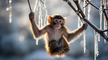A young monkey hanging from a branch with icicles, showcasing a winter scene. photo