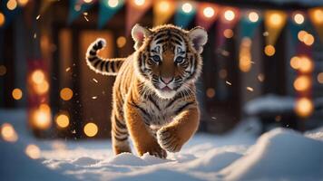 A playful tiger cub runs through the snow, surrounded by festive lights and a cheerful atmosphere. photo