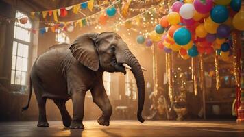 A playful elephant in a festive setting with balloons and decorations. photo