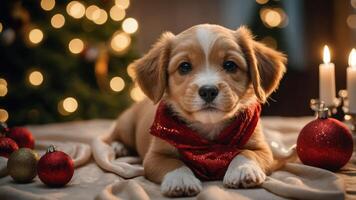 A cute puppy in a festive setting with decorations and candles. photo