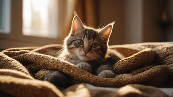 A playful kitten resting on a cozy blanket, illuminated by warm sunlight. photo