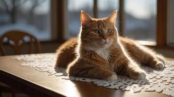 A relaxed orange cat lounges on a table, basking in sunlight through a window. photo