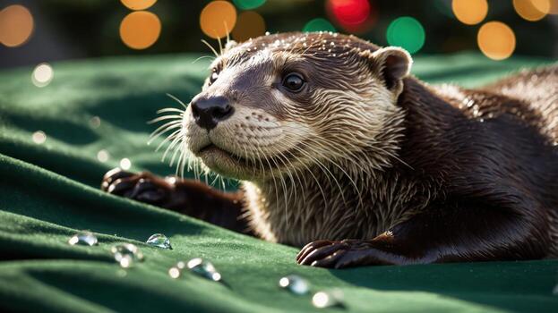 A close-up of an otter on a green surface with sparkling droplets and festive bokeh lights. photo