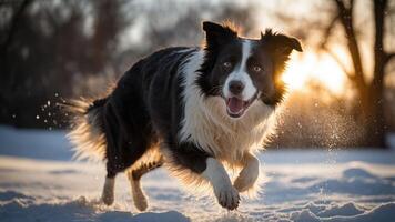 A playful dog running through the snow during sunset, capturing a joyful moment in nature. photo