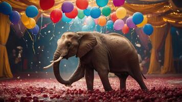 An elephant surrounded by colorful balloons in a festive, decorated setting. photo