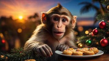 A monkey curiously gazes at a plate of cookies during a festive sunset. photo
