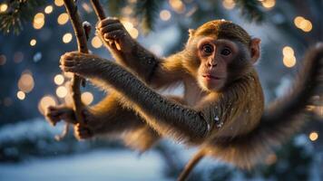 A monkey hangs from a branch in a snowy environment adorned with glowing lights. photo