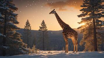 A giraffe standing in a snowy forest during sunset, creating a serene winter scene. photo