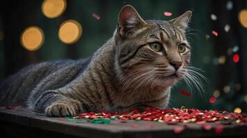 A tabby cat resting on a table surrounded by colorful confetti and soft bokeh lights. photo