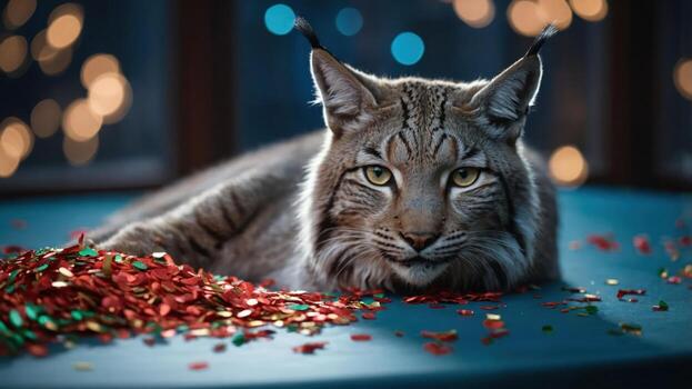 A lynx resting on a table surrounded by colorful confetti, creating a festive atmosphere. photo