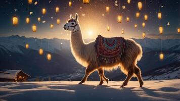 A llama walks through a snowy landscape under lanterns and a sunset backdrop. photo