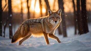 A coyote walking through snowy terrain at sunset, showcasing wildlife in a serene environment. photo
