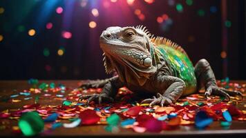 A colorful iguana on a table surrounded by confetti, suggesting a festive atmosphere. photo