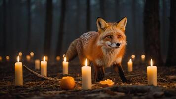 A fox walks among candles and oranges in a misty forest setting. photo