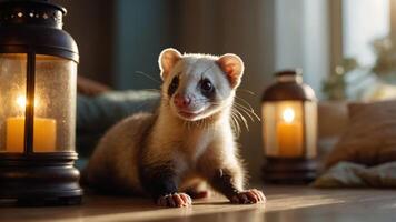 A playful ferret in a cozy setting with soft lighting and candles. photo