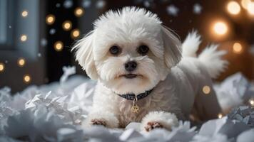 A fluffy white dog relaxes among crumpled paper with soft lights in the background. photo