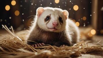 A cute ferret resting on straw with soft lighting and bokeh effect in the background. photo