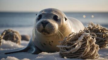 A curious seal resting on the beach near tangled ropes, with a serene ocean backdrop. photo