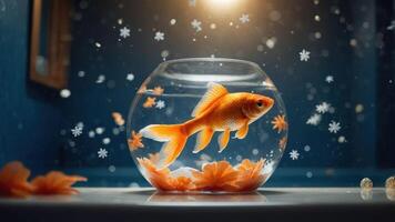 A goldfish swims in a bowl surrounded by floating leaves, creating a serene atmosphere. photo