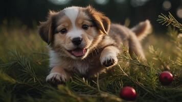 A playful puppy exploring a grassy field adorned with pine branches and festive ornaments. photo