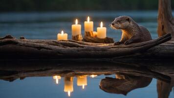 An otter sits by a serene lake, illuminated by candles on a log, creating a tranquil scene. photo