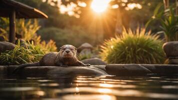 A serene otter resting on a rock by a tranquil pond at sunset. photo