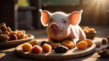 A cute piglet surrounded by various fruits on wooden plates in a warm, natural setting. photo
