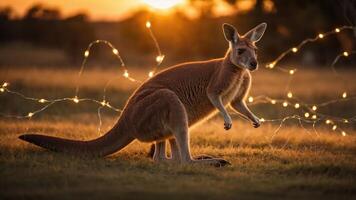 A kangaroo stands in a field at sunset, surrounded by glowing fairy lights. photo