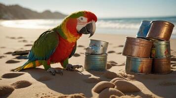 A colorful parrot on the beach near rusted cans, highlighting environmental concerns. photo