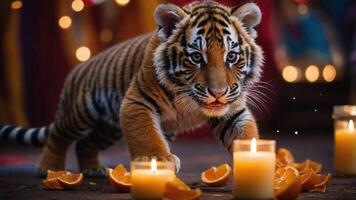 A tiger approaches candles and orange slices in a festive setting. photo
